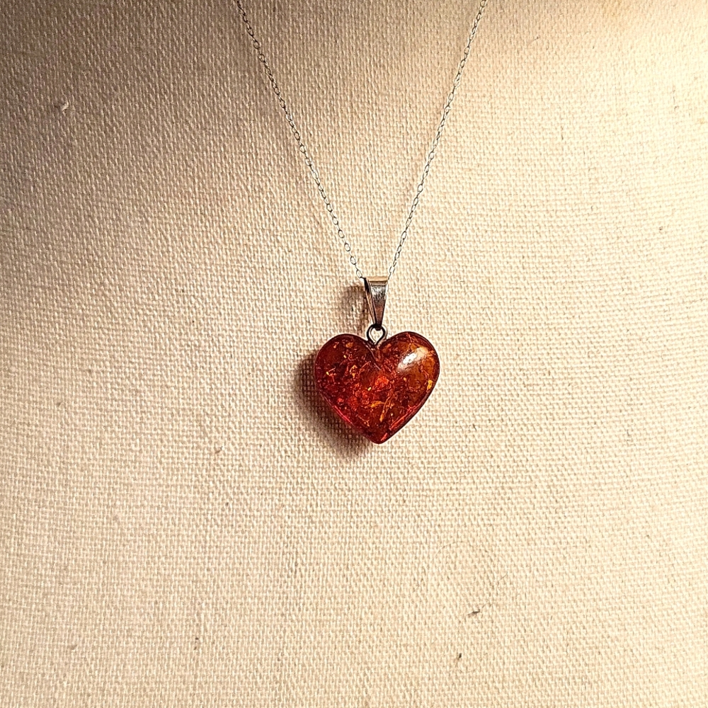 Genuine Amber Heart Pendant with Silver Chain